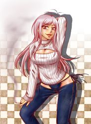 Rule 34 | 10s, 1girl, :d, alternate costume, antenna hair, arm behind head, arm up, bikini jeans, breasts, checkered background, cigarette, cleavage, cleavage cutout, clothing cutout, contrapposto, cowboy shot, danganronpa (series), danganronpa another episode: ultra despair girls, denim, groin, hagakure hiroko, hand on own thigh, hand on thigh, highres, holding, jeans, jewelry, large breasts, lips, lipstick, long hair, long sleeves, looking at viewer, lowleg, lowleg pants, makeup, mature female, meme attire, mole, mole under mouth, necklace, open-chest sweater, open mouth, pants, parted bangs, pendant, pink eyes, pink hair, red eyes, ribbed sweater, shadow, silver hair, slit pupils, smile, smoke, smoking, solo, standing, sweater, swept bangs, taut clothes, tonari no koneko, turtleneck