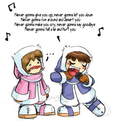Rule 34 | blush, ice climber, ice climbers, meme, microphone, music, musical note, nana (ice climber), never gonna give you up, nintendo, popo (ice climber), never gonna give you up, singing