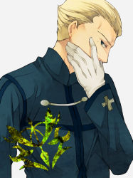 Rule 34 | 1boy, blonde hair, blue eyes, command spell, covering own mouth, fate/stay night, fate/zero, fate (series), gloves, hair slicked back, hand over mouth, hand over own mouth, kayneth archibald el-melloi, male focus, nishi juuji, short hair, simple background, solo, white gloves