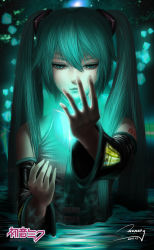 Rule 34 | 1girl, aqua eyes, aqua hair, artist name, bad id, bad pixiv id, caustics, character name, dated, detached sleeves, fingernails, glowing, hatsune miku, highres, long fingernails, looking at hand, monkey buonarroti, parted lips, signature, solo, tattoo, twintails, vocaloid, wading, water