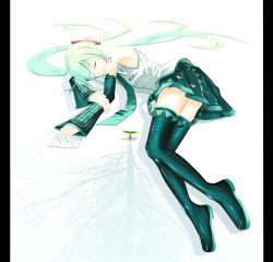 Rule 34 | 1girl, aqua hair, detached sleeves, eto, hatsune miku, hello planet (vocaloid), legs, letter, long hair, lying, nail polish, necktie, on side, pillarboxed, skirt, sleeping, solo, thighhighs, twintails, vocaloid, zettai ryouiki