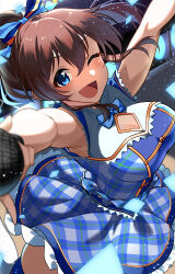 Rule 34 | 1girl, absurdres, armpits, arms up, blue bow, blue dress, blue eyes, blurry, blurry foreground, blush, bow, breasts, brown hair, checkered clothes, checkered dress, cleavage cutout, clothing cutout, commentary request, confetti, dress, eyelashes, frilled dress, frills, haibarasaika, hair between eyes, hair bow, highres, holding, holding microphone, idol, idolmaster, idolmaster million live!, jumping, large breasts, long hair, looking at viewer, microphone, one eye closed, open mouth, ponytail, satake minako, sidelocks, smile, solo, stage, thick thighs, thighs