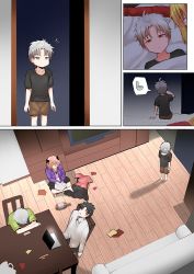 Rule 34 | 1girl, 4boys, alcohol, astolfo (fate), astolfo (memories at trifas) (fate), bed, black ribbon, blanket, blonde hair, bottle, brown hair, chair, comic, computer, couch, dress, faceless, faceless male, fate/grand order, fate (series), father and son, fujimaru ritsuka (male), ginhaha, grey hair, hair ribbon, laptop, mordred (fate), mordred (fate/apocrypha), multiple boys, official alternate costume, open mouth, pink hair, prince of lan ling (fate), ribbon, short hair, silent comic, table, television, toilet, trash, whiskey, wooden floor, yellow eyes