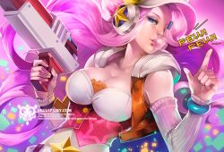 Rule 34 | 1girl, alternate costume, arcade miss fortune, blue eyes, breasts, blowing bubbles, chewing gum, detached sleeves, hair over one eye, hat, headphones, hood, hoodie, ippus, large breasts, league of legends, light gun, long hair, nail polish, pink hair, pointing, pointing up, miss fortune (league of legends), solo, star (symbol), upper body, vest, watermark, web address, yellow nails