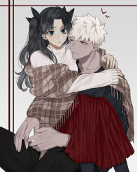 Rule 34 | 1boy, 1girl, alternate costume, archer (fate), arms around neck, black hair, black legwear, black pants, black shirt, blue eyes, brown eyes, closed mouth, couple, fate/stay night, fate (series), frown, grey background, hetero, highres, long hair, long skirt, long sleeves, one eye closed, pants, pleated skirt, red skirt, shimatori (sanyyyy), shirt, silver hair, sitting, sitting on lap, sitting on person, skirt, sleeves past wrists, spiked hair, sweater, tohsaka rin, turtleneck, turtleneck sweater, very long hair, white sweater