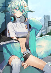 Rule 34 | 1girl, absurdres, animal ears, bad id, bad pixiv id, between legs, black shorts, blue cardigan, blue eyes, blue hair, blurry, blurry background, breasts, cardigan, character request, closed mouth, day, fox hair ornament, gradient hair, hand between legs, headphones, headphones around neck, highres, midriff, multicolored hair, navel, open cardigan, open clothes, outdoors, pote-mm, shiny clothes, shiny legwear, short hair, short shorts, short sleeves, shorts, silver hair, sitting, small breasts, smile, solo, stomach, thighhighs, white thighhighs