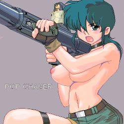 Rule 34 | 1girl, belt, blue hair, blush, breasts, choker, copyright name, cream lemon, fingerless gloves, gloves, green eyes, green hair, gun, hair over one eye, large breasts, lowres, m1 bazooka, matagitii, matching hair/eyes, nipples, pop chaser, retro artstyle, rio (pop chaser), rocket launcher, shorts, solo, third-party edit, topless, weapon