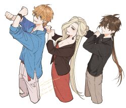 Rule 34 | 1girl, 2boys, ahoge, antenna hair, arms up, artist name, belt, black shirt, blonde hair, blue eyes, blue shirt, brown belt, brown eyes, brown hair, brown jacket, clenched hands, closed mouth, collared jacket, collared shirt, commentary, crystal earrings, dress, earrings, eyeshadow, fingernails, genshin impact, gradient hair, grey pants, grey shirt, hair between eyes, highres, jacket, jewelry, long hair, long sleeves, looking at viewer, makeup, multicolored hair, multiple boys, open clothes, open jacket, open mouth, orange hair, pants, pocket, ponytail, red belt, red dress, red eyeshadow, sakanomachico, shirt, short hair, signora (genshin impact), simple background, single earring, smile, standing, symbol-only commentary, t-shirt, tartaglia (genshin impact), tassel, tassel earrings, teeth, torn clothes, torn pants, watch, white background, white pants, wristwatch, zhongli (genshin impact)