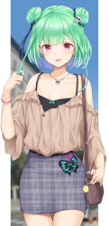 Rule 34 | 1girl, alternate costume, bare shoulders, blush, casual, contemporary, double bun, green hair, hair bun, hair ornament, highres, hololive, looking at viewer, necromancer, open mouth, red eyes, shiunnkaku, short hair, skull collar, skull hair ornament, smile, solo, uruha rushia, virtual youtuber
