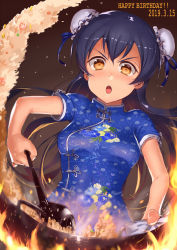 Rule 34 | 10s, 1girl, blue hair, blush, brown eyes, bun cover, china dress, chinese clothes, dress, female focus, hair between eyes, jyon, long hair, looking at viewer, love live!, love live! school idol festival, love live! school idol project, shrimp, solo, sonoda umi, v-shaped eyebrows, yellow eyes