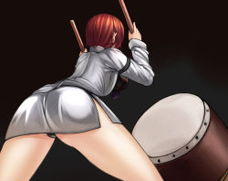 Rule 34 | 1girl, armband, ass, ayakumo, bent over, breasts, drum, drumsticks, from behind, horikawa raiko, instrument, jacket, large breasts, long sleeves, miniskirt, necktie, panties, plaid, plaid shirt, red hair, shirt, short hair, skirt, solo, taiko drum, thighs, touhou, two-tone background, underwear