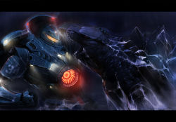Rule 34 | battle, cannon, chest cannon, crossover, directed-energy weapon, energy cannon, energy weapon, epic, gipsy danger, glowing, glowing eyes, godzilla, godzilla (2014), godzilla (series), jaeger (pacific rim), kaijuu, kaisen chuui, legendary pictures, letterboxed, mecha, monsterverse, night, no humans, nuclear vortex turbine, ocean, pacific rim, pan pacific defense corps, rain, red eyes, robot, science fiction, sea monster, toho, water