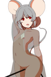 Rule 34 | 1girl, :o, animal ears, arm up, armpits, collarbone, covered erect nipples, dearmybrothers, female focus, flat chest, grey hair, highres, looking at viewer, mouse ears, mouse tail, navel, nazrin, nipples, pussy, pussy juice, red eyes, see-through, short hair, simple background, solo, tail, touhou, uncensored, white background