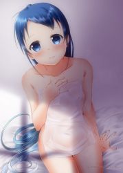 Rule 34 | 1girl, blue eyes, blue hair, commentary request, covering privates, gradient hair, kantai collection, long hair, looking at viewer, mae (maesanpicture), multicolored hair, naked towel, nude, nude cover, samidare (kancolle), sitting, solo, swept bangs, towel, very long hair