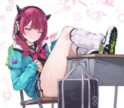 Rule 34 | 1girl, absurdres, artist name, bag, black sailor collar, black shirt, black skirt, blue eyes, blue jacket, braid, candy, chair, collarbone, commentary, controller, desk, english commentary, feet on table, food, full body, game controller, grin, hanging, headphones, headset, heterochromia, highres, holding, holding candy, holding controller, holding food, holding game controller, holding lollipop, hololive, hololive english, irys (gaming casual) (hololive), irys (hololive), jacket, kneehighs, legs up, lollipop, looking at viewer, microphone, namiorii, neckerchief, nintendo switch, on chair, open clothes, open jacket, patterned background, pink eyes, pleated skirt, red hair, red neckerchief, sailor collar, school bag, school chair, school desk, school uniform, shirt, shoes, simple background, sitting, skirt, smile, sneakers, socks, solo, teeth, thighs, twin braids, virtual youtuber, white footwear, white socks