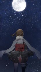 Rule 34 | 1girl, back bow, bad id, bad twitter id, black skirt, blue sky, bow, brown hair, facing away, from behind, full moon, highres, kantai collection, leg strap, moon, night, night sky, pleated skirt, red bow, rinto (rint rnt), scarf, sendai (kancolle), single thighhigh, skirt, sky, solo, standing, star (sky), starry sky, thigh strap, thighhighs, twintails, two side up, white scarf