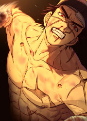 Rule 34 | 1boy, abs, absurdres, alternate eye color, bandaged hand, bandages, brown hair, facial scar, fighting stance, golden kamuy, hat, highres, incoming attack, incoming punch, kepi, male focus, military hat, motion blur, muscular, muscular male, nipples, onimoti, pectorals, punching, red eyes, scar, scar on cheek, scar on face, scar on mouth, scar on nose, serious, shirt, short hair, solo, spiked hair, sugimoto saichi, sweat, upper body