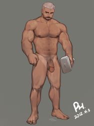 Rule 34 | 1boy, abs, arm tattoo, bara, barefoot, beard, chest hair, completely nude, dark-skinned male, dark skin, facial hair, flaccid, full body, hammer, highres, holding, holding hammer, large pectorals, male focus, male pubic hair, mature male, muscular, muscular male, navel, navel hair, nipples, nude, original, pectorals, pelvic curtain, penis, peterhl, precum, pubic hair, short hair, solo, stomach, tan, tanline, tattoo, thick eyebrows, thick thighs, thighs, uncensored
