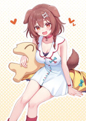 Rule 34 | 1girl, :d, animal ears, bone hair ornament, braid, breasts, brown background, brown hair, cartoon bone, cleavage, collar, collarbone, deadnooodles, dog ears, dog girl, dog tail, dress, fangs, feet out of frame, hair between eyes, hair ornament, hair over shoulder, halftone, halftone background, heart, highres, hololive, inugami korone, jacket, unworn jacket, listener (inugami korone), long hair, low twintails, medium breasts, multicolored hair, open mouth, outline, red collar, red eyes, red socks, ribbed socks, sleeveless, sleeveless dress, smile, socks, solo, tail, twin braids, twintails, two-tone hair, virtual youtuber, white background, white outline, yellow jacket
