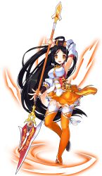 Rule 34 | 1girl, ara haan, ara han, arm up, armpits, black hair, brown eyes, detached sleeves, elsword, full body, highres, holding, holding weapon, little xia (elsword), long hair, looking at viewer, official art, open mouth, orange skirt, orange thighhighs, polearm, ress, ribbon, skirt, solo, thighhighs, transparent background, very long hair, weapon, white ribbon