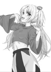 Rule 34 | 1girl, arm up, asueli ex, breasts, cowboy shot, cropped shirt, fang, flower, gradient hair, greyscale, hair flower, hair ornament, hand up, highres, link! like! love live!, long hair, long sleeves, looking at viewer, love live!, midriff, monochrome, multicolored hair, multicolored pants, official alternate costume, osawa rurino, pants, parted bangs, sidelocks, simple background, small breasts, solo, twintails, virtual youtuber, white background, wide sleeves