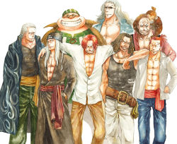 Rule 34 | 6+boys, abs, bald, belt, benn beckman, bonk punch, brown hair, building snake, dreadlocks, everyone, goggles, happy, hat, highres, hongou, kusaco, limejuice (one piece), long coat, lucky roux, male focus, monkey, monster (one piece), multiple boys, one piece, open clothes, open shirt, painting (medium), pirate, ponytail, red hair, robe, sash, scar, shanks (one piece), shirt, short hair, simple background, smile, standing, striped clothes, striped shirt, sunglasses, tank top, traditional media, watercolor (medium), white hair, yasopp