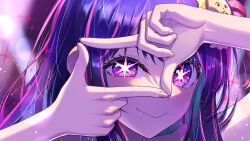 Rule 34 | 1girl, blurry, blurry background, close-up, closed mouth, commentary, finger frame, geurimmongeurim, hair ornament, hair ribbon, highres, hoshino ai (oshi no ko), light particles, long hair, looking at viewer, multicolored hair, one side up, oshi no ko, pink hair, pink ribbon, portrait, purple eyes, purple hair, rabbit hair ornament, ribbon, shadow, sidelocks, smile, solo, sparkle, star-shaped pupils, star (symbol), star hair ornament, streaked hair, symbol-shaped pupils