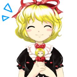 Rule 34 | 1girl, ^ ^, blonde hair, blush stickers, bow, closed eyes, closed mouth, hair ribbon, hands up, lowres, medicine melancholy, medinki, official style, puffy short sleeves, puffy sleeves, red bow, red ribbon, ribbon, short hair, short sleeves, simple background, smile, solo, straight-on, su-san, touhou, upper body, white background, zun (style)