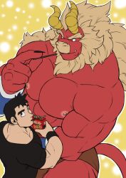 Rule 34 | 2boys, abs, bara, beard, black hair, blank eyes, colored skin, curled horns, dragon horns, facial hair, fang, food, food in mouth, forked eyebrows, from above, furry, furry male, furry with non-furry, gardie (otsukimi), highres, holding, horns, huge eyebrows, interspecies, kouhei (otsukimi), large hands, large pectorals, lion hair, loincloth, long sideburns, looking at viewer, looking up, male focus, multiple boys, muscular, muscular male, nipples, original, otsukimi, pectorals, pocky, pocky day, pocky in mouth, red skin, shirt, short hair, sideburns, sideburns stubble, size difference, stubble, t-shirt, tail, thick eyebrows, thick thighs, thighs, topless male, v-shaped eyebrows, yaoi