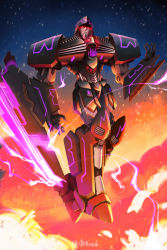 Rule 34 | 1boy, aaatsushi, absurdres, arm blade, decepticon, electricity, floating, glowing, glowing eyes, highres, looking down, male focus, mecha, megatron, open hand, red eyes, robot, solo, symbol-only commentary, the transformers (idw), transformers, weapon