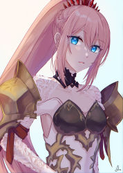 Rule 34 | 1girl, absurdres, armor, blue eyes, braid, french braid, hand on own hip, highres, looking at viewer, parted lips, pink hair, ponytail, sefira, shionne (tales), shoulder armor, simple background, solo, tales of (series), tales of arise, upper body, white background
