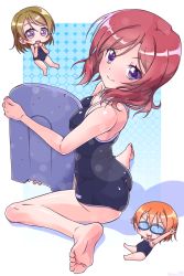Rule 34 | 10s, 3girls, ass, bare legs, barefoot, blush, brown hair, chibi, commentary request, feet, from behind, full body, goggles, hoshizora rin, k10k, kickboard, koizumi hanayo, looking at viewer, looking back, love live!, love live! school idol project, multiple girls, nishikino maki, one-piece swimsuit, open mouth, orange hair, purple eyes, red hair, school swimsuit, short hair, sitting, smile, swimsuit, wariza