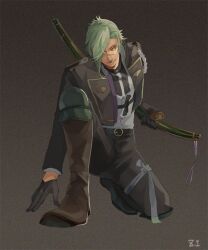 Rule 34 | 1boy, belt, black belt, black gloves, black jacket, black pants, boots, brown footwear, closed mouth, commentary, dated commentary, epaulettes, full body, gloves, green hair, grey background, hair between eyes, hair over one eye, hizamaru (touken ranbu), holding, holding sword, holding weapon, jacket, katana, looking to the side, male focus, military, military uniform, on one knee, pants, scabbard, sheath, shirt, shirt tucked in, short hair, signature, solo, sword, tassel, touken ranbu, uniform, weapon, white shirt, yellow eyes, zi tsas