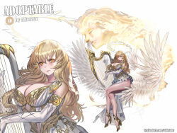 Rule 34 | 1girl, adoptable, allosauc, angel, angel wings, artist name, asymmetrical dress, bare legs, blonde hair, breasts, cleavage, close-up, closed mouth, commentary, crossed legs, deviantart username, dress, elbow gloves, english commentary, english text, eyelashes, feathered wings, feathers, frilled dress, frills, full body, gloves, gold footwear, halo, harp, high heels, highres, instrument, large breasts, light blush, long dress, long hair, looking at viewer, multiple views, music, original, playing instrument, simple background, sitting, smile, upper body, very long hair, white background, white dress, white gloves, white halo, white wings, wings, yellow eyes