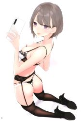 Rule 34 | 1girl, :d, absurdres, ama mitsuki, ass, bare arms, bed sheet, black bow, black eyes, black footwear, black thighhighs, blush, bow, bow panties, bra, breasts, brown hair, cellphone, cleavage, collarbone, garter belt, garter straps, gradient background, high heels, highres, holding, holding phone, kneeling, lace, lace-trimmed bra, lace trim, lingerie, medium breasts, multiple straps, non-web source, on bed, open mouth, original, page number, panties, phone, satin, satin bra, satin lingerie, satin panties, scan, selfie, shoe soles, short hair, simple background, skindentation, smartphone, smile, solo, thighhighs, thong, tongue, tongue out, two-tone bra, underwear, underwear only, white panties