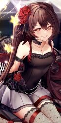 Rule 34 | 1girl, absurdres, alternate costume, arm strap, arms behind back, asahi (vjss4548), black choker, breasts, brown hair, choker, collarbone, fishnet thighhighs, fishnets, flower, genshin impact, grey skirt, grin, hair between eyes, hair flower, hair ornament, highres, hu tao (genshin impact), long hair, looking at viewer, miniskirt, pleated skirt, red eyes, red flower, red ribbon, red rose, ribbon, rose, sitting, skirt, small breasts, smile, solo, symbol-shaped pupils, thighhighs, twintails