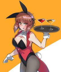 Rule 34 | 1girl, absurdres, alternate costume, animal ears, black leotard, black pantyhose, blush, breasts, brown eyes, brown hair, cleavage, cleavage cutout, clothing cutout, coattails, cocktail, cocktail glass, collared leotard, commentary, cowboy shot, cup, drinking glass, fake animal ears, fake tail, girls und panzer, gloves, highres, holding, holding tray, kshimu, large breasts, leotard, long hair, looking at viewer, nishizumi miho, open mouth, orange background, pantyhose, playboy bunny, rabbit ears, rabbit tail, short hair, smile, solo, standing, tail, tray, underbust, white gloves, wrist cuffs
