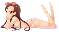 Rule 34 | 00s, 1girl, artistic error, bad id, bad pixiv id, barefoot, bow, breasts, brown eyes, brown hair, eating, feet, food, hairband, idolmaster, idolmaster (classic), idolmaster 1, long hair, lying, medium breasts, minase iori, nipples, on stomach, panties, panties only, pocky, shachi kamaboko, simple background, solo, striped clothes, striped panties, topless, underwear, underwear only