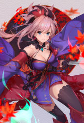 Rule 34 | 1girl, bare shoulders, black thighhighs, blue eyes, blush, breasts, brown hair, cleavage, collarbone, fate/grand order, fate (series), holding, holding sword, holding weapon, large breasts, long hair, looking at viewer, lucidsky, miyamoto musashi (fate), miyamoto musashi (third ascension) (fate), parted lips, smile, solo, sword, thick thighs, thighhighs, thighs, weapon