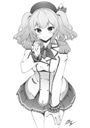 Rule 34 | 1girl, blush, epaulettes, greyscale, twirling hair, hand on own thigh, hat, kantai collection, kashima (kancolle), leaning forward, long sleeves, miyatsuki itsuka, monochrome, simple background, smile, solo, twintails, white background