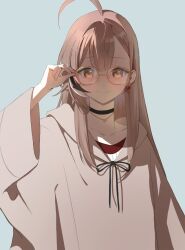 Rule 34 | 1girl, adjusting eyewear, ahoge, berry, black choker, blue background, brown eyes, brown hair, brown hoodie, choker, closed mouth, earrings, food-themed earrings, highres, hololive, hololive english, hood, hoodie, jewelry, long hair, looking at viewer, multicolored hair, nanashi mumei, nanashi mumei (casual), official alternate costume, ogye 01, oversized clothes, red shirt, shirt, simple background, smile, solo, streaked hair, sweater, virtual youtuber