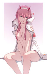 Rule 34 | 10s, 1girl, aqua eyes, between legs, breasts, cheshirrr, coat, collarbone, darling in the franxx, gloves, hair over breasts, hairband, hand between legs, highres, horns, long hair, naked coat, pink hair, sitting, solo, tongue, tongue out, white gloves, white hairband, zero two (darling in the franxx)