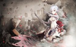 Rule 34 | 1girl, arm up, bad id, bad pixiv id, breasts, closed mouth, dress, fading, gloves, grey gloves, grey hair, hand up, highres, holding, holding sword, holding weapon, kuwahara taiki, looking at viewer, short hair with long locks, sinoalice, small breasts, snow white (sinoalice), solo, standing, sword, translated, weapon, white dress, yellow eyes