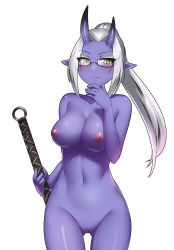 Rule 34 | 1girl, aneko tetsuyo (azuriu), black-framed eyewear, blush, breasts, cleft of venus, colored skin, commission, cowboy shot, cowfee, glasses, gluteal fold, hand on own chin, highres, horns, light smile, long hair, looking at viewer, medium breasts, navel, nipples, nude, oni, oni horns, original, pointy ears, ponytail, purple skin, pussy, semi-rimless eyewear, silver hair, simple background, solo, uncensored, under-rim eyewear, white background, yellow eyes