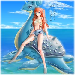 Rule 34 | 1girl, alternate hair length, alternate hairstyle, arm support, bare shoulders, barefoot, blue eyes, blue sky, blush, breasts, cloud, cloudy sky, creatures (company), crop top, crop top overhang, denim, denim shorts, feet, full body, game freak, gen 1 pokemon, hair ribbon, highres, horizon, japanese text, lapras, legs, long hair, looking to the side, md5 mismatch, midriff, miharin, misty (pokemon), navel, nintendo, no shoes, ocean, orange hair, outdoors, pokemon, pokemon (creature), resolution mismatch, ribbon, shirt, short shorts, shorts, side ponytail, sitting, sky, sleeveless, sleeveless shirt, small breasts, soaking feet, source larger, suspenders, tank top, text focus, toes, translation request, water, yellow shirt