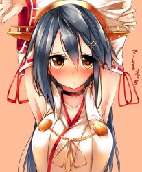 Rule 34 | 10s, 1girl, absurdres, armpits, arms behind head, arms up, blush, breasts, brown eyes, choker, detached sleeves, grey hair, hair ornament, hairband, hairclip, haruna (kancolle), highres, kantai collection, large breasts, long hair, looking at viewer, nontraditional miko, parted lips, ribbon-trimmed sleeves, ribbon trim, solo, sweat, translation request, tsukui kachou