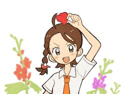 Rule 34 | 1girl, :d, ahoge, arm up, blush, braid, brown hair, collared shirt, commentary request, creatures (company), flower, game freak, holding, juliana (pokemon), necktie, nintendo, open mouth, orange necktie, pokemon, pokemon sv, purple flower, red flower, riko (m momomo28), shirt, short sleeves, smile, solo, teeth, upper body, upper teeth only, white background, white shirt