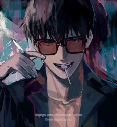 Rule 34 | 1boy, black hair, black jacket, black shirt, blue background, candy, cigarette, collared shirt, food, glasses, hand up, holding, holding cigarette, jacket, lollipop, looking at viewer, male focus, nicholas d. wolfwood, open mouth, partially unbuttoned, shirt, short hair, smile, smoke, solo, trigun, trigun stampede, tte (t ombi), upper body