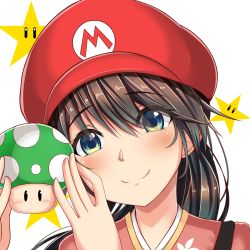 Rule 34 | 1-up mushroom, 1girl, 1up, blue eyes, brown hair, cosplay, eyebrows, hat, houshou (kancolle), kantai collection, light smile, long hair, looking at viewer, mario, mario (cosplay), mario (series), mushroom, nintendo, parody, portrait, red hat, sazamiso rx, smile, star (symbol), upper body