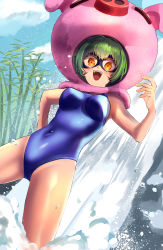 Rule 34 | 1girl, blue sky, breasts, cho-hakkaimon, costume, digimon, fangs, green hair, highres, one-piece swimsuit, pig, sky, swimsuit, water, waterfall, yellow eyes